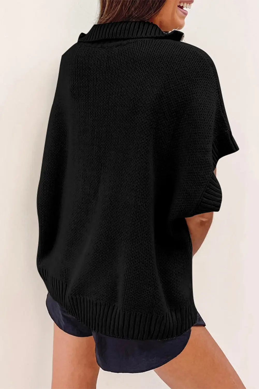 Black quarter zip short batwing sleeve sweater - sweaters & cardigans