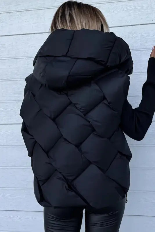 Black quilted zipper front hooded vest coat - vests