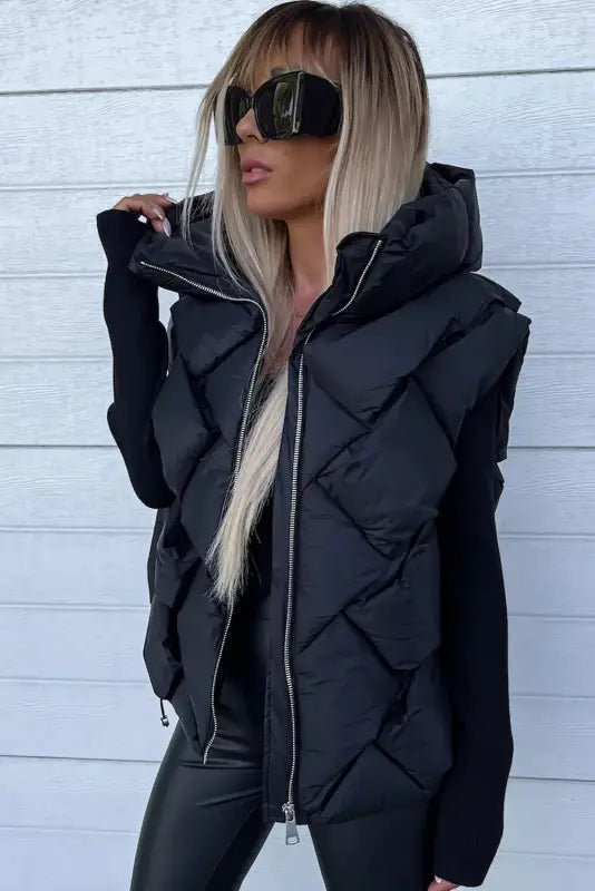 Black quilted zipper front hooded vest coat - vests