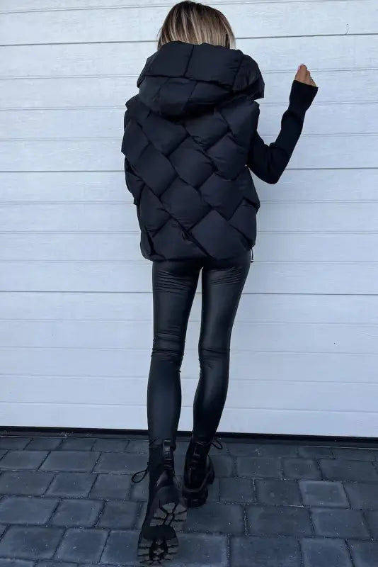 Black quilted zipper front hooded vest coat - vests