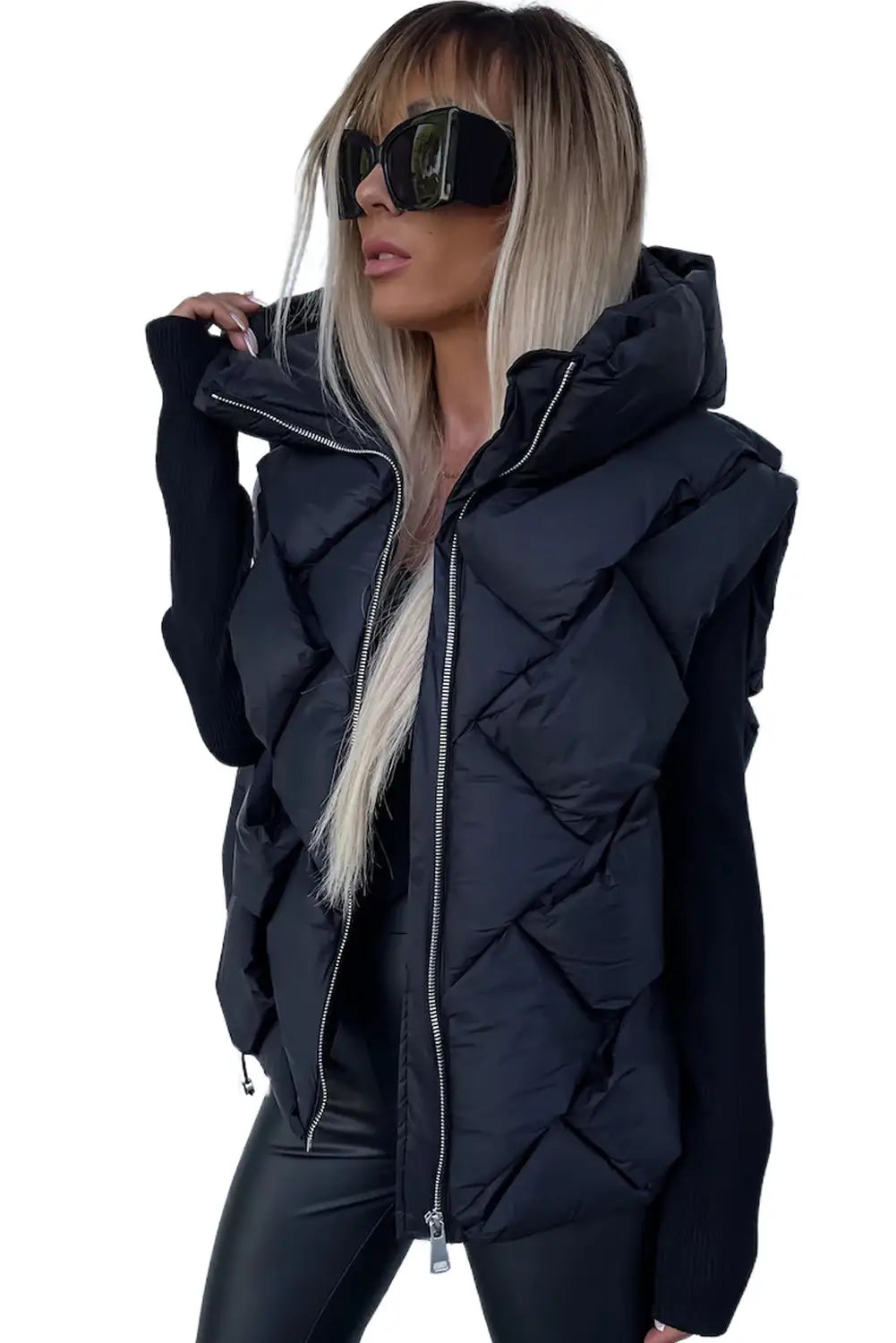 Black quilted zipper front hooded vest coat - vests