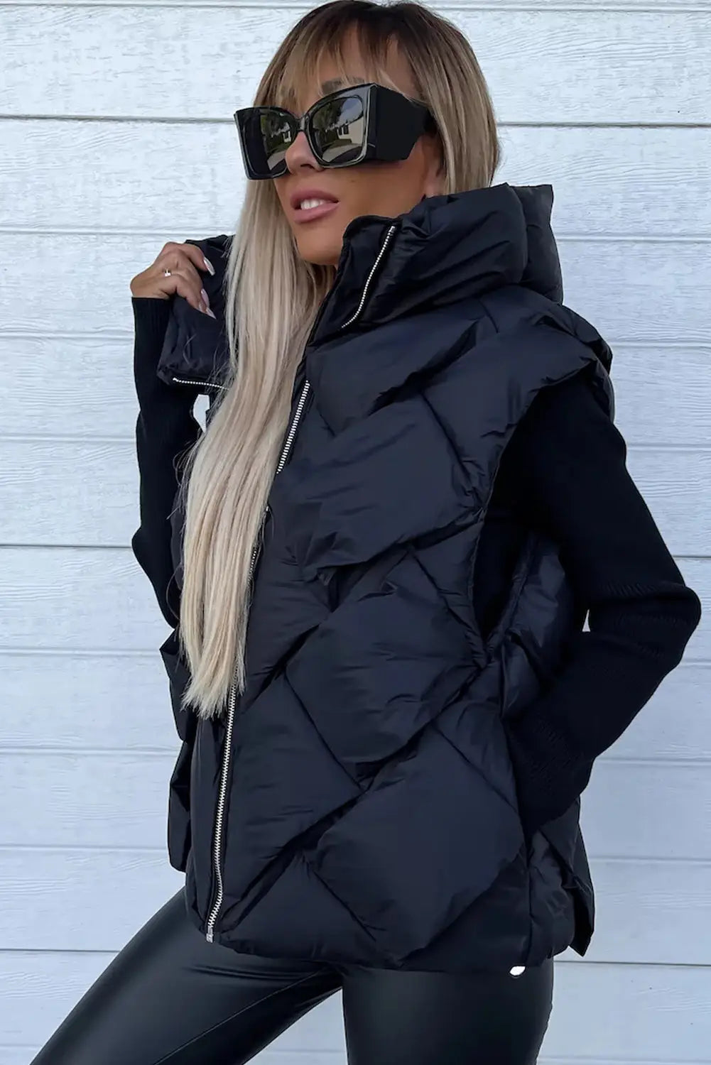 Black quilted zipper front hooded vest coat - vests