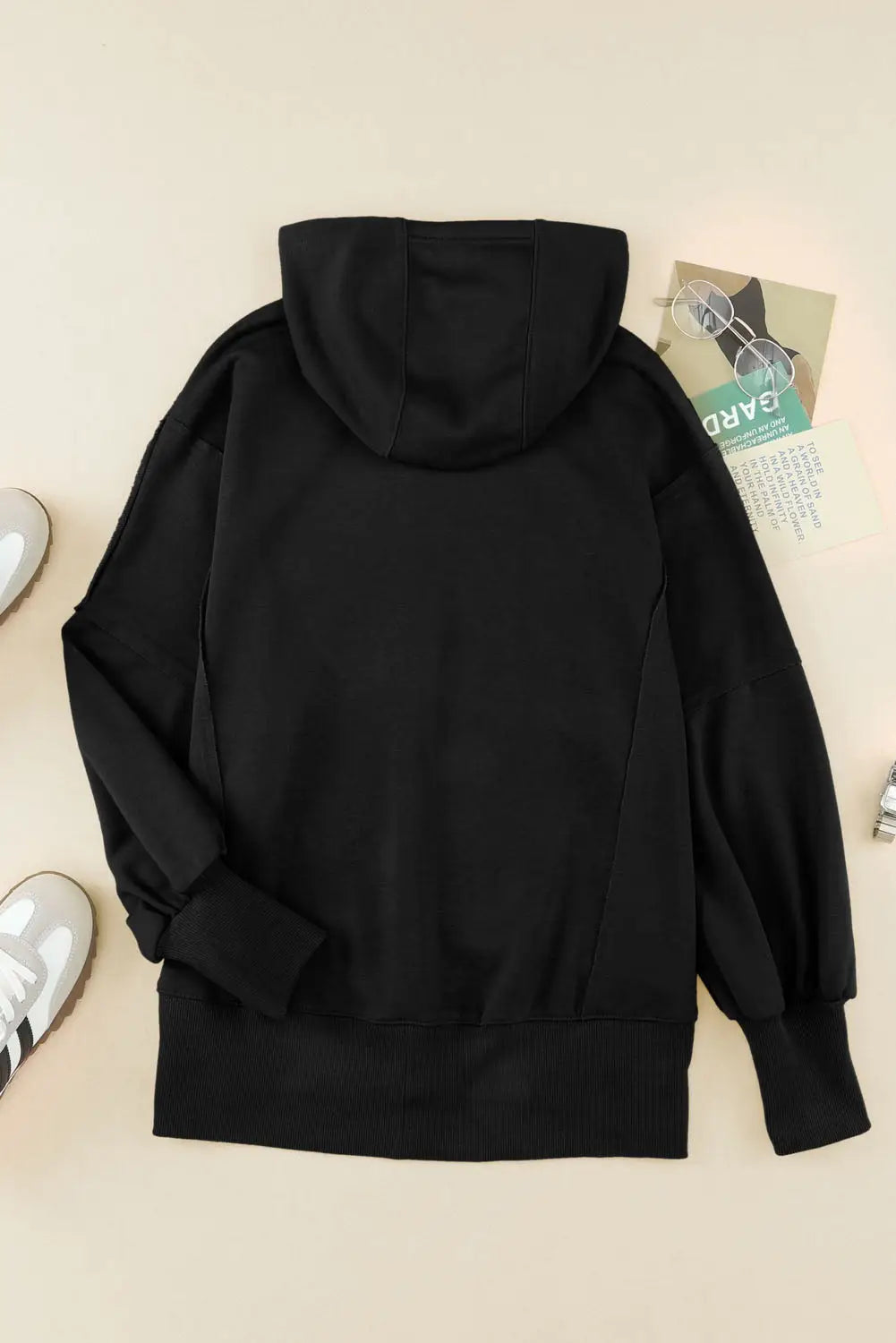 Black raw edge exposed seam full zip hoodie - sweatshirts & hoodies