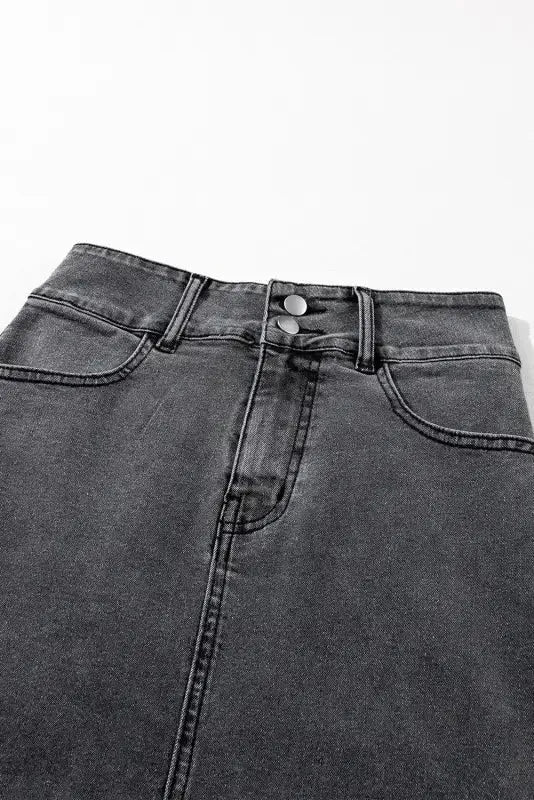Black Raw Edge Side Slits Buttoned Midi Denim Skirt - Fashionfitz