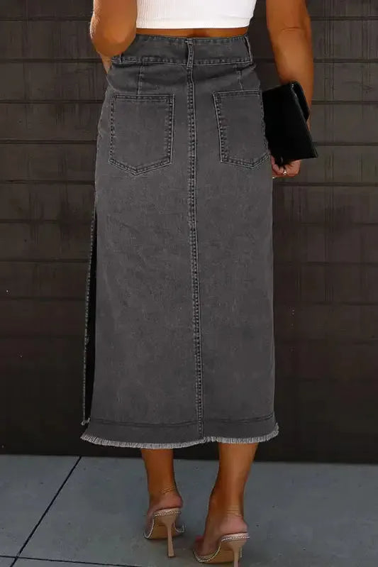 Black Raw Edge Side Slits Buttoned Midi Denim Skirt - Fashionfitz