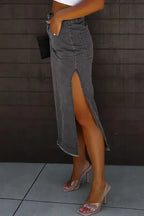 Black Raw Edge Side Slits Buttoned Midi Denim Skirt - Fashionfitz