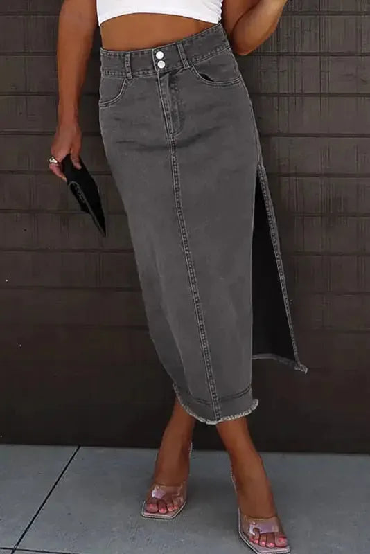 Black Raw Edge Side Slits Buttoned Midi Denim Skirt - Fashionfitz