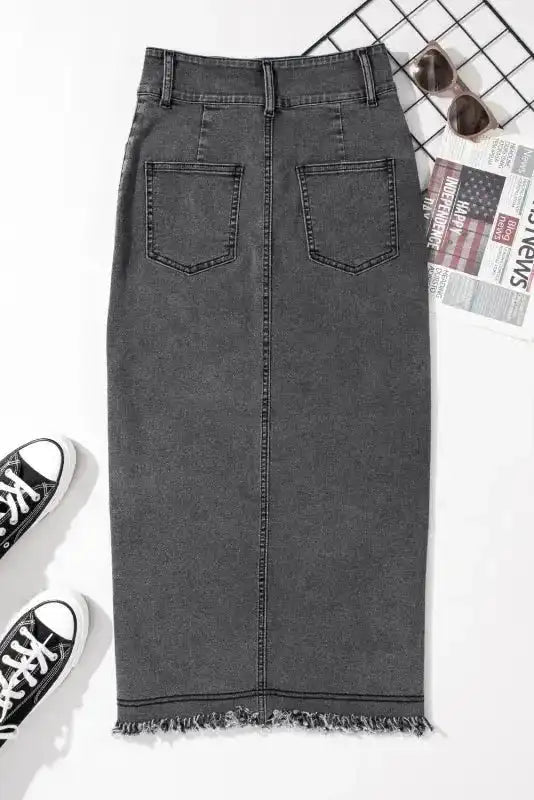 Black Raw Edge Side Slits Buttoned Midi Denim Skirt - Fashionfitz