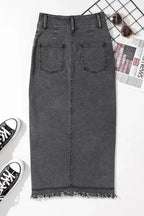 Black Raw Edge Side Slits Buttoned Midi Denim Skirt - Fashionfitz