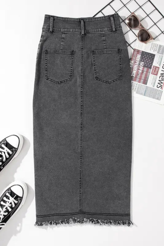 Black raw edge side slits buttoned midi denim skirt - bottoms