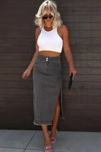 Black Raw Edge Side Slits Buttoned Midi Denim Skirt - Fashionfitz