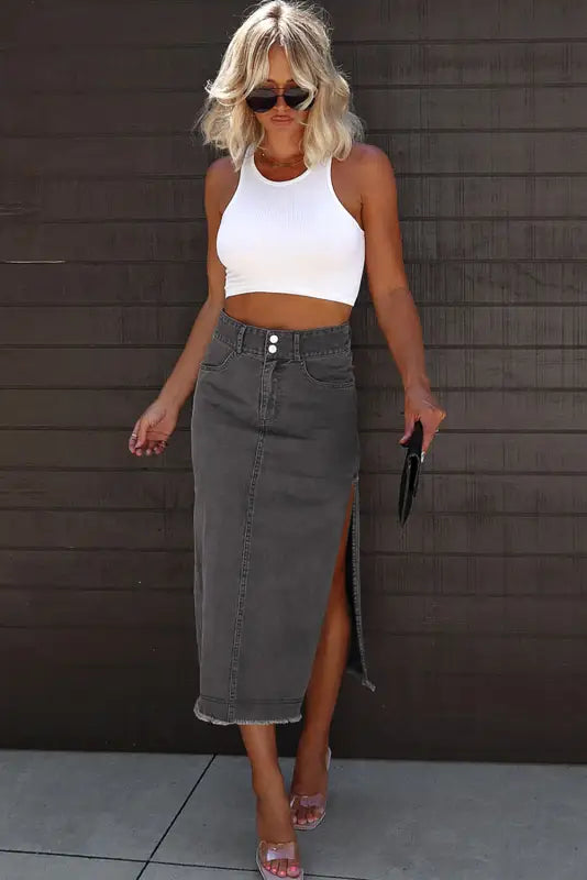 Black raw edge side slits buttoned midi denim skirt - bottoms