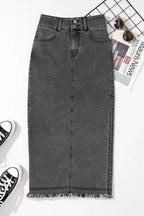 Black Raw Edge Side Slits Buttoned Midi Denim Skirt - Fashionfitz