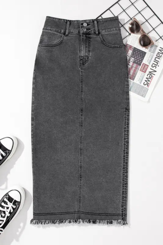 Black raw edge side slits buttoned midi denim skirt - bottoms