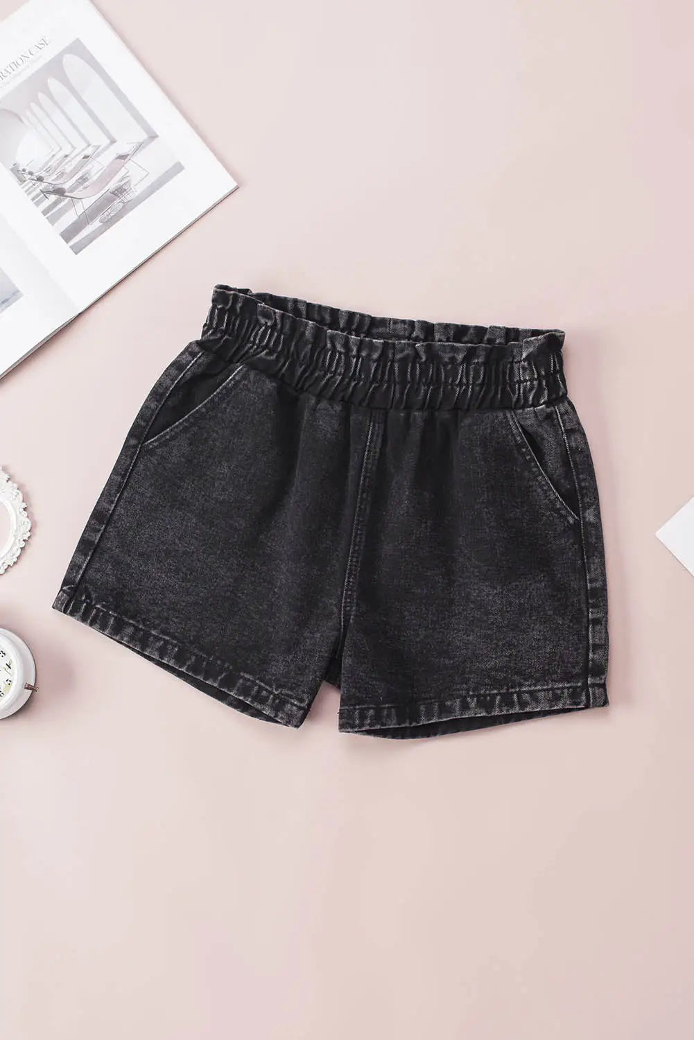 Black retro bleach-washed ruffled elastic high waist denim shorts