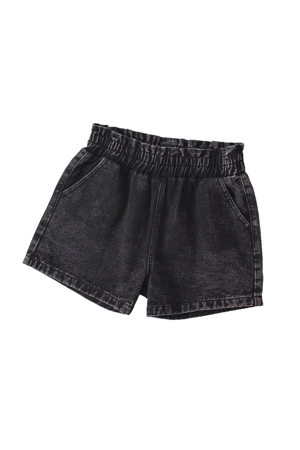 Black retro bleach-washed ruffled elastic high waist denim shorts