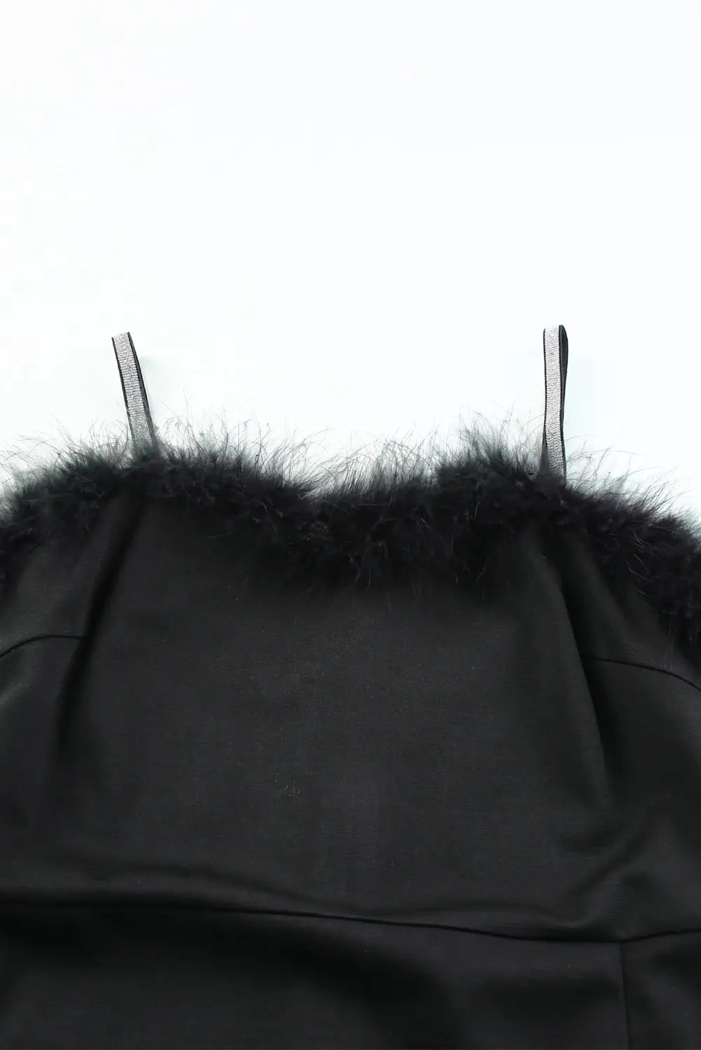 Black rhinestone straps feather trim bodycon midi dress with slit - dresses
