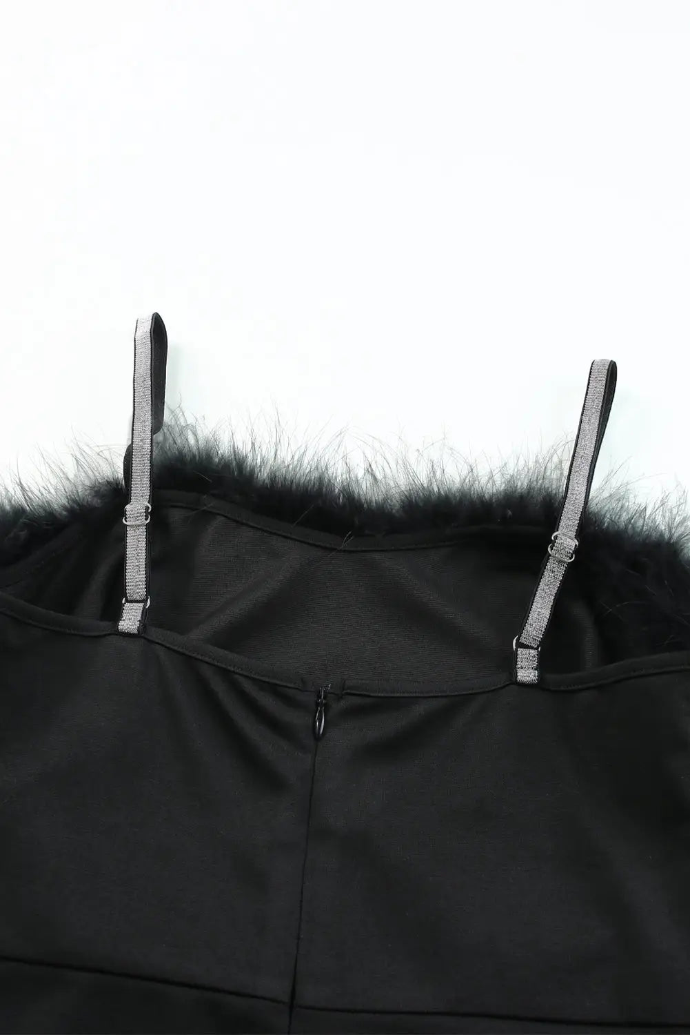 Black rhinestone straps feather trim bodycon midi dress with slit - dresses