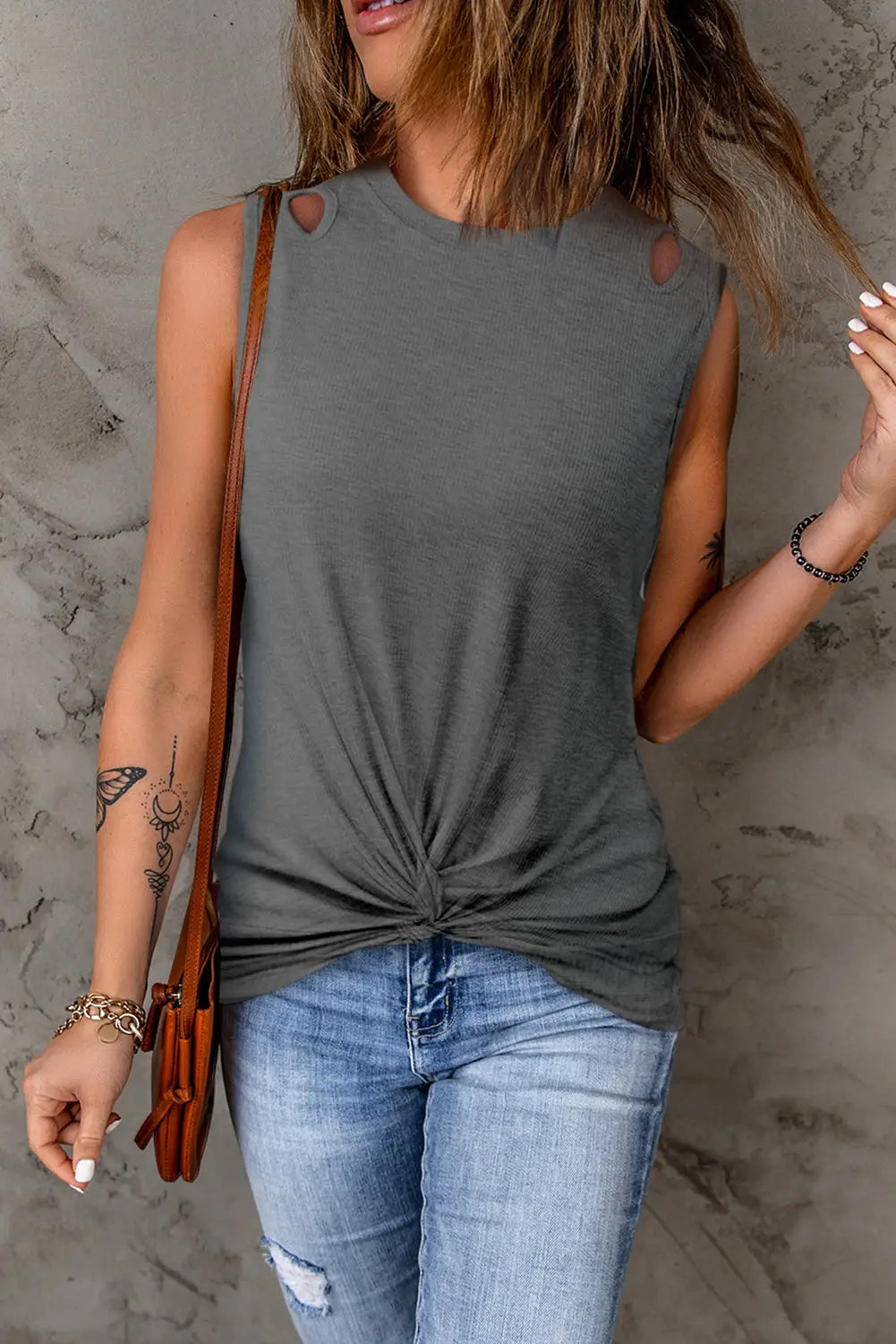 Black rib knit cut-out front twist tank top - gray / s / 95% polyester + 5% elastane - tops