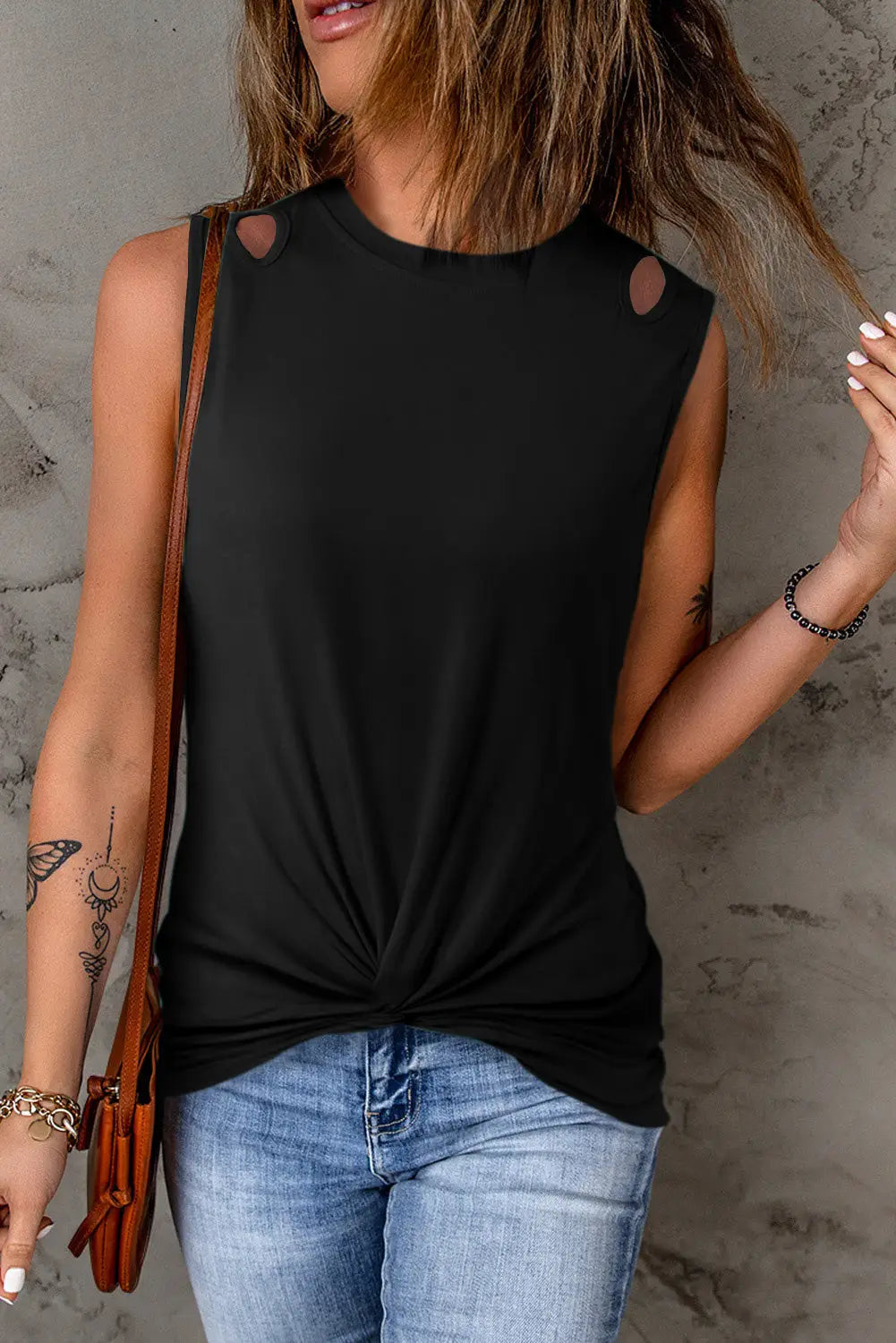 Black rib knit cut-out front twist tank top - s / 95% polyester + 5% elastane - tops