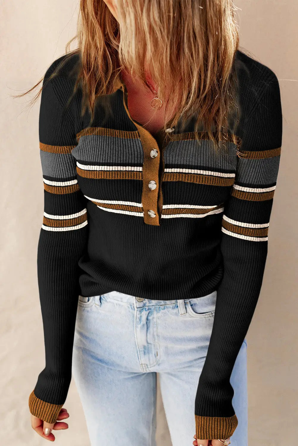 Black rib knitted stripe detail henley sweater - s / 80% cotton + 20% polyester - sweaters & cardigans