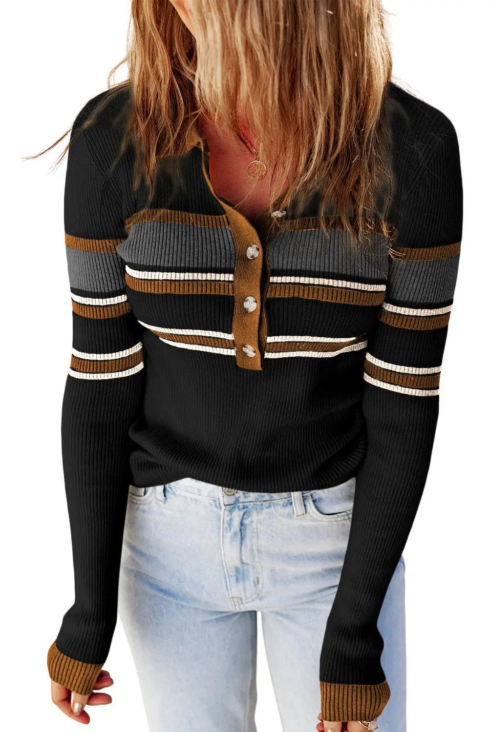 Black rib knitted stripe detail henley sweater - sweaters & cardigans