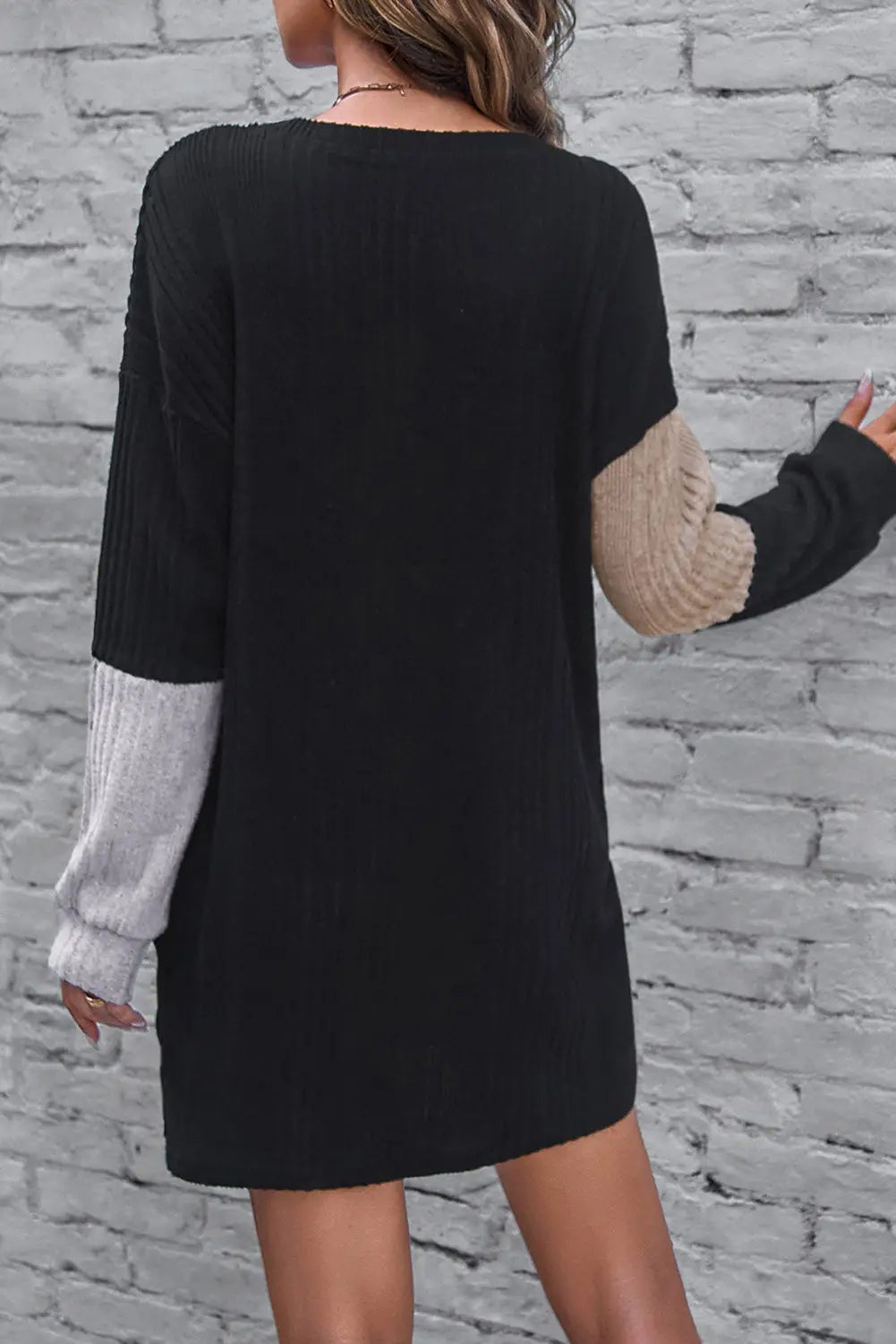 Black ribbed color block drop shoulder long sleeve mini dress - dresses