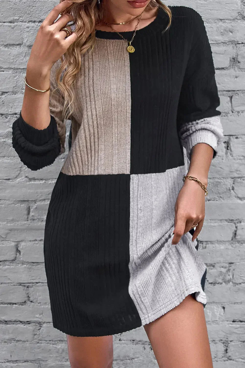 Black ribbed color block drop shoulder long sleeve mini dress - s / 95% polyester + 5% elastane - dresses
