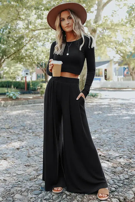 Black solid color ribbed crop top long pants set - two piece pant sets