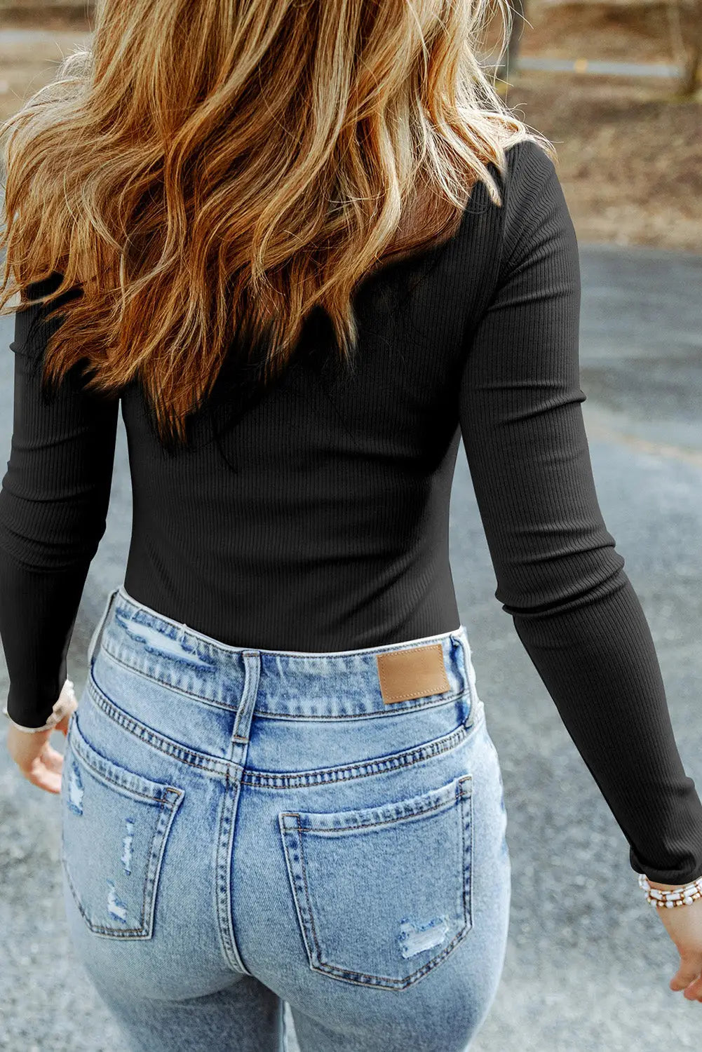 Black ribbed knit high neck long sleeve top - tops
