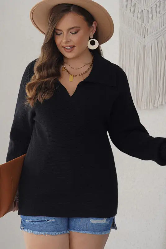 Black ribbed knit lapel neck curvy sweater - plus size