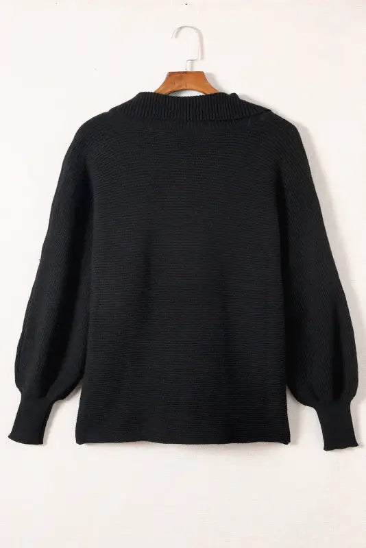 Black ribbed knit lapel neck curvy sweater - plus size