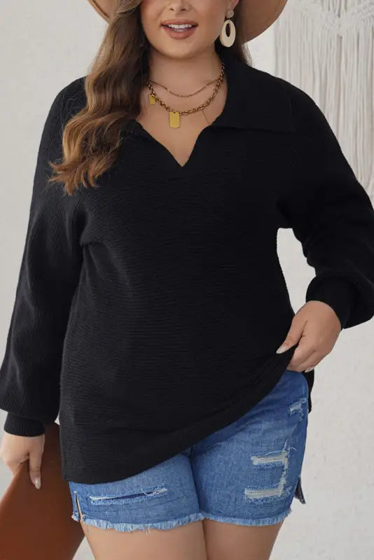 Black ribbed knit lapel neck curvy sweater - plus size