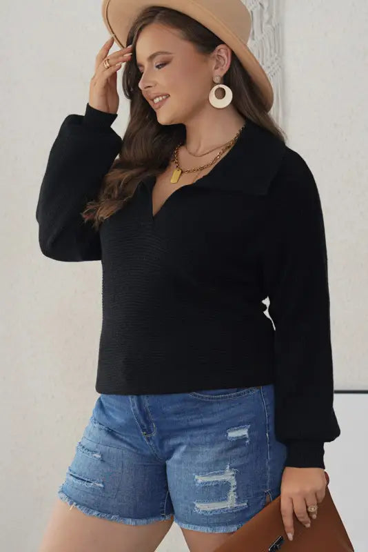 Black ribbed knit lapel neck curvy sweater - plus size