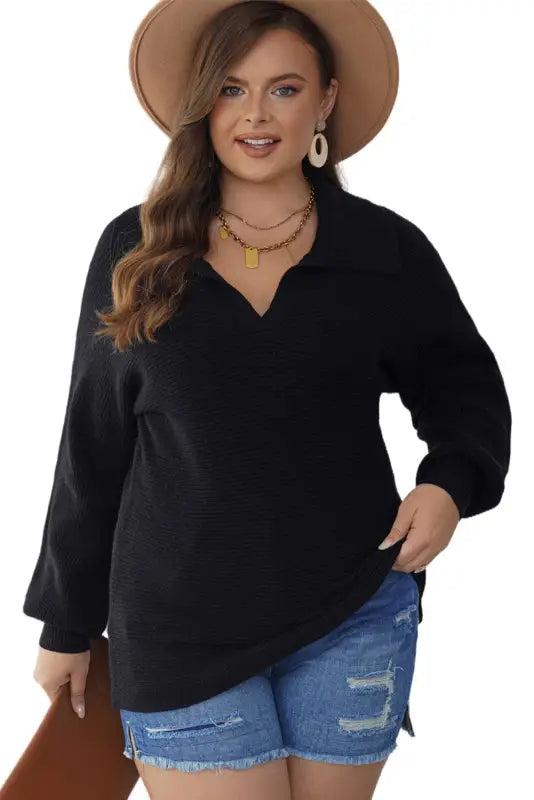 Black ribbed knit lapel neck curvy sweater - plus size