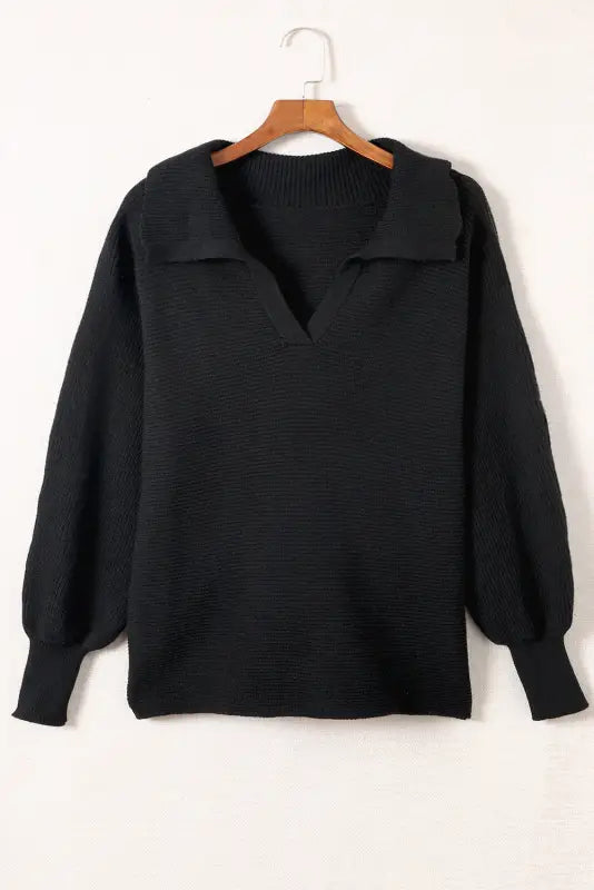 Black ribbed knit lapel neck curvy sweater - plus size