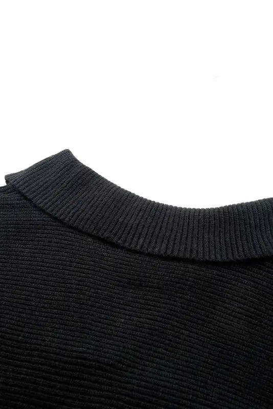 Black ribbed knit lapel neck curvy sweater - plus size