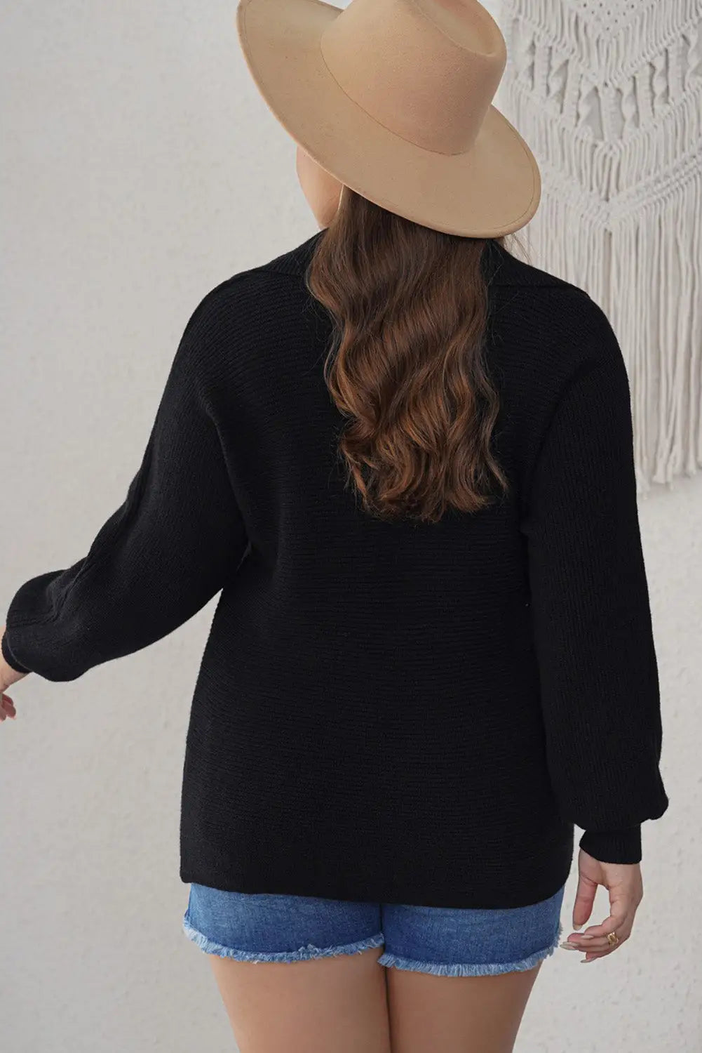 Black ribbed knit lapel neck curvy sweater - plus size