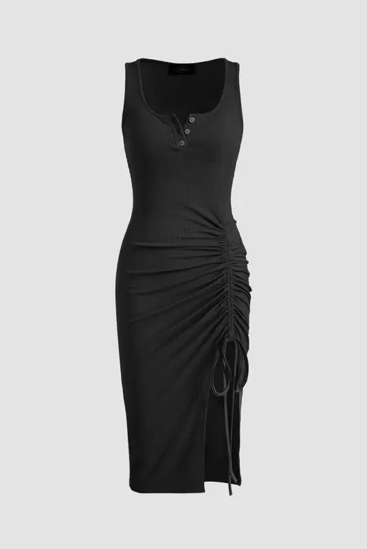 Black ribbed midi dress - ruched side split - dresses/midi dresses