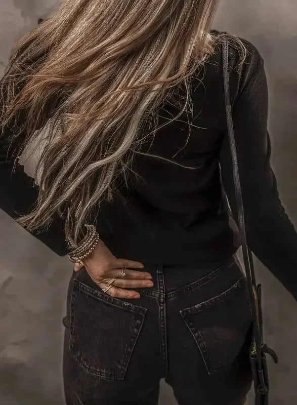 Black Ribbed Top - V-Neck Long Sleeve - Fashionfitz