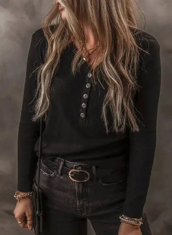 Black Ribbed Top - V-Neck Long Sleeve - Fashionfitz