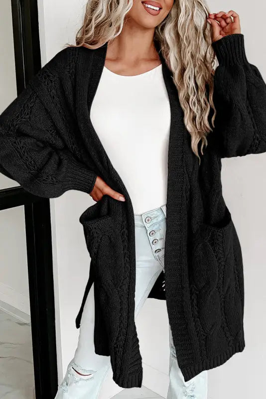 Cardigans - black ribbed trim eyelet cable knit cardigan