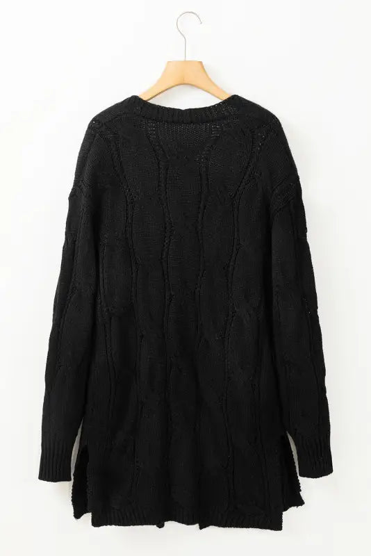 Cardigans - black ribbed trim eyelet cable knit cardigan