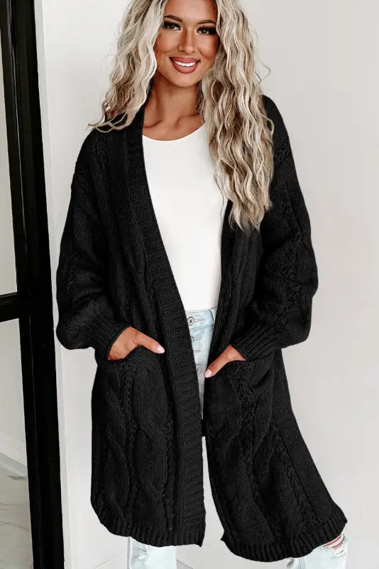 Cardigans - black ribbed trim eyelet cable knit cardigan