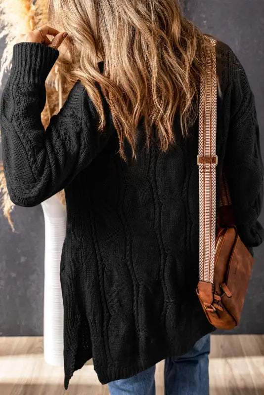 Cardigans - black ribbed trim eyelet cable knit cardigan