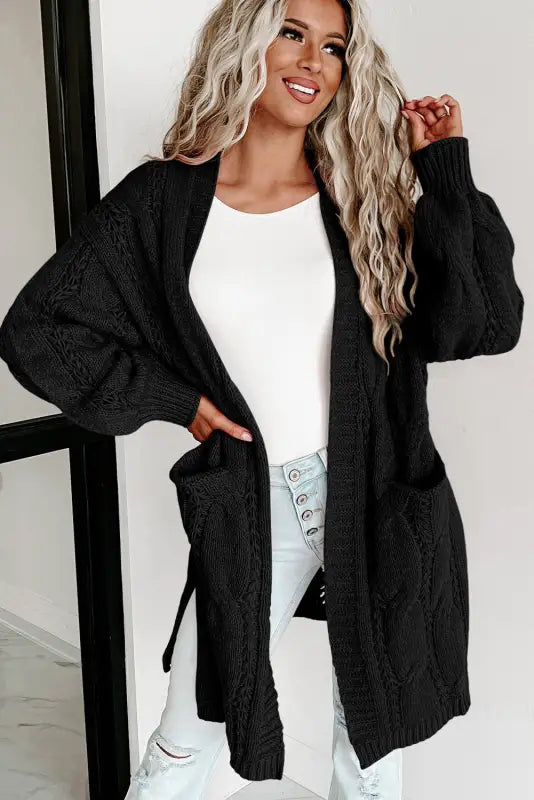 Cardigans - black ribbed trim eyelet cable knit cardigan