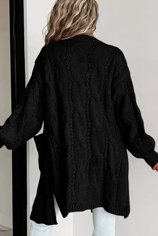 Cardigans - black ribbed trim eyelet cable knit cardigan