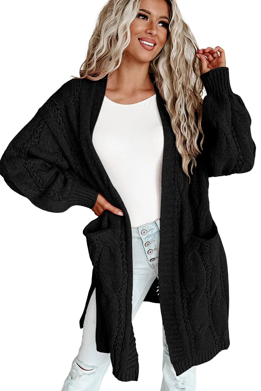 Black ribbed trim eyelet cable knit cardigan - sweaters & cardigans