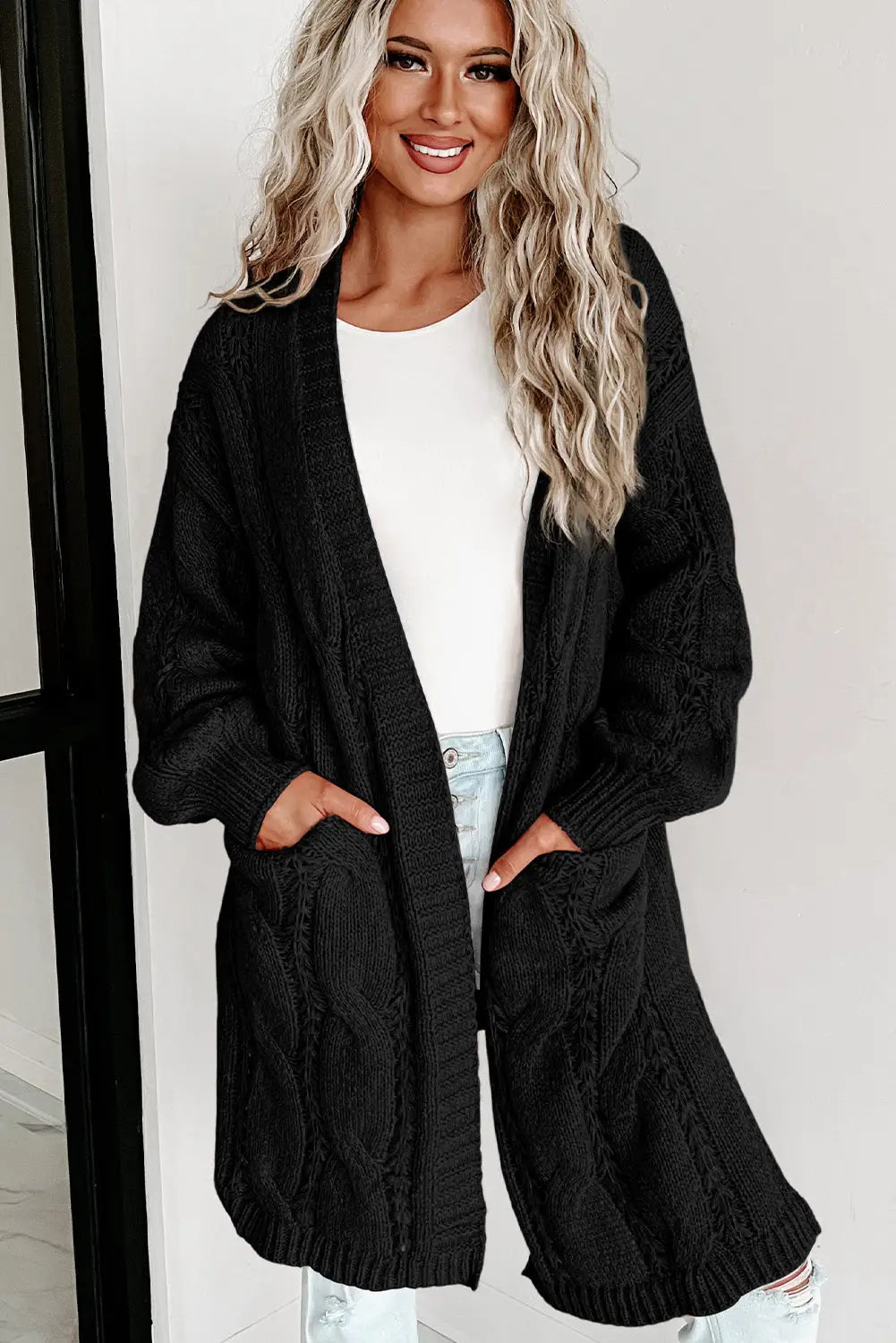 Black ribbed trim eyelet cable knit cardigan - sweaters & cardigans