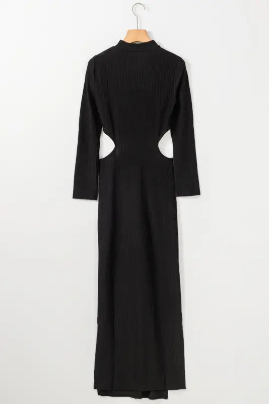 Black ribbed twist cutout long sleeve dress - dresses